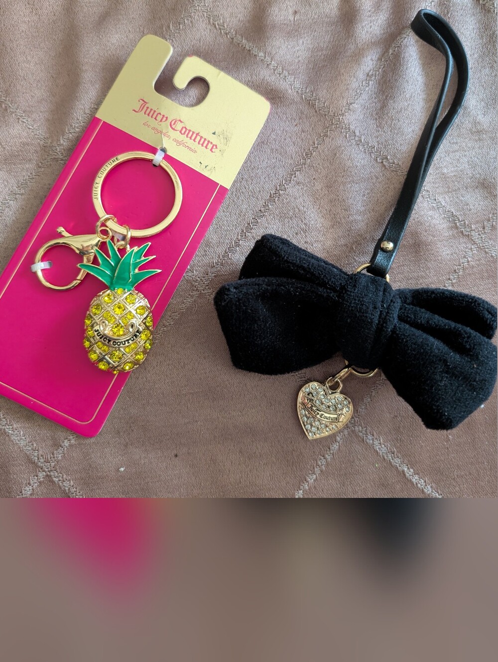 NEW Juicy Couture Yellow Pineapple Bling Keychain Gold & Black Velvet Bow Charms